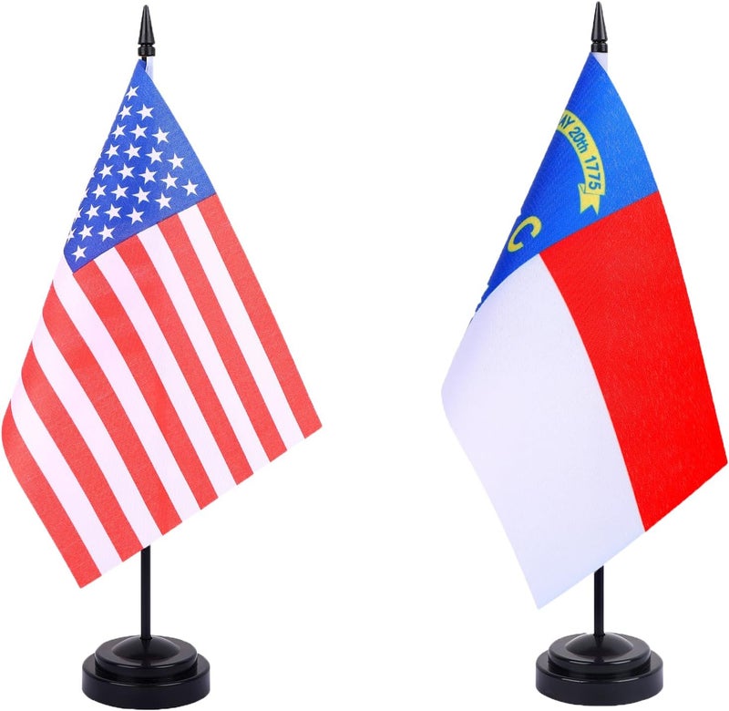 WXTWK 2 Pack USA North Carolina Flag North Carolina State Desk Flag Set - Mini Small North Carolina Table Office Flags with Black 12" Solid Pole Stand Base Classroom Meeting Desktop Decorations - Image 1